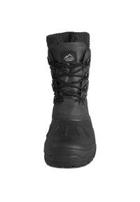 Schwarzer wasserdichter Winterstiefel mit einer strukturierten Gummisohle, Kunstfellfutter am oberen Rand und verstellbaren Schnürsenkeln. Verfügt über ein Markenlogo auf der Vorderseite.