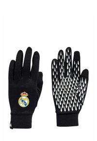 Crne rukavice s reljefnim bijelim dijamantnim uzorkom na dlanu i logom Real Madrida s vanjske strane. Izrađene od fleksibilnog materijala.