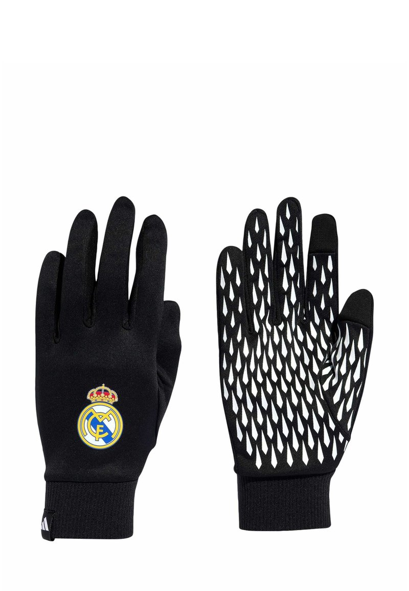 Crne rukavice s reljefnim bijelim dijamantnim uzorkom na dlanu i logom Real Madrida s vanjske strane. Izrađene od fleksibilnog materijala.