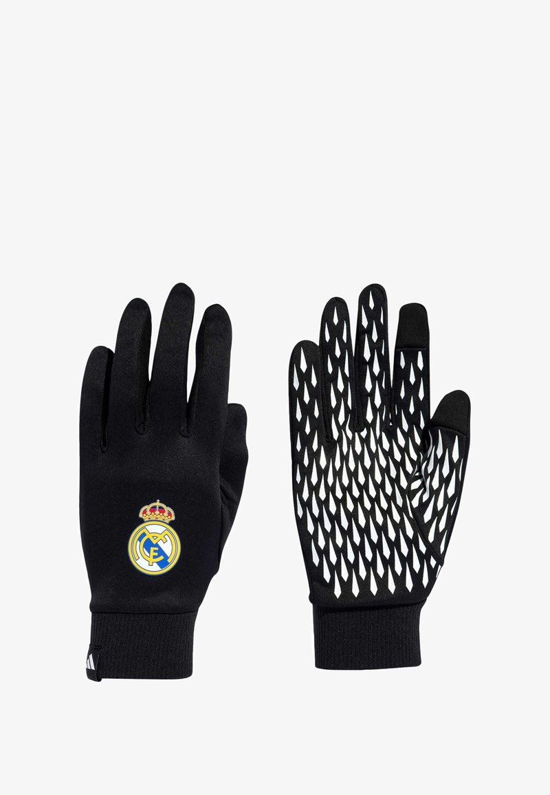 Luvas pretas com um padrão de diamante branco texturizado na palma e o logo do Real Madrid no exterior. Feitas de material flexível.