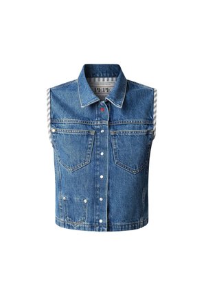 Denim brezrokavnik s klasičnim ovratnikom, dvema sprednjima žepoma, kovinskimi gumbnimi zapiranji in črtastim stranskim detajlom v modri in beli barvi.