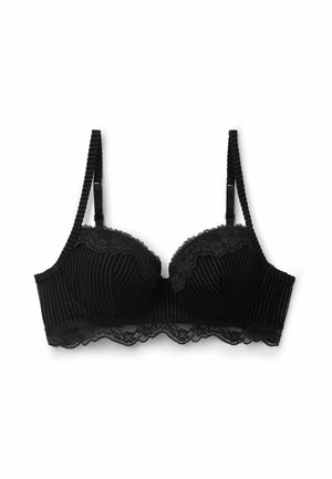 Black bra featuring ribbed fabric, lace accents along the top and bottom edges, adjustable straps, and a structured, padded design.