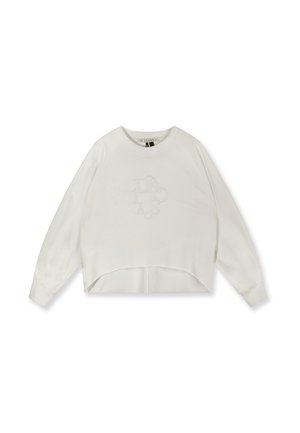 Sweat-shirt blanc à manches longues avec col rond, arborant un logo "10 DAYS" subtilement embossé sur le devant et un ourlet légèrement incurvé.