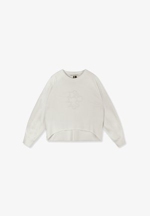 Sweat-shirt blanc à manches longues avec col rond, arborant un logo "10 DAYS" subtilement embossé sur le devant et un ourlet légèrement incurvé.