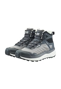 Graue Wanderschuhe mit hohem Knöcheldesign, atmungsaktivem Mesh-Obermaterial, Gummisohle mit robustem Grip und markantem Logo auf der Zunge.