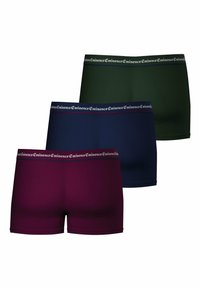 Trois paires de boxers en vert foncé, bleu marine et bordeaux. Chacun a une ceinture douce avec "Eminence" imprimé en blanc.