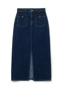 Gonna midi in denim blu scuro a vita alta con spacco frontale e due tasche a pattina con bottone in vita, passanti per cintura e cuciture a vista.