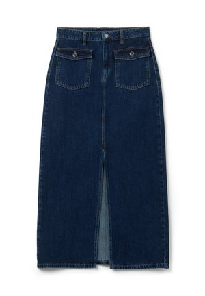 Hochtaillierte, dunkelblaue Denim-Midikleid mit vorderem Schlitz und zwei aufgesetzten Taschen mit Knopf an der Taille, Gürtelschlaufen und genähten Nähten.