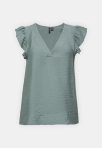 Short-sleeve, V-neck blouse in soft, wrinkled fabric, light green color, with ruffled accents on shoulders. Simple and relaxed design.