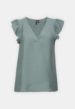 Short-sleeve, V-neck blouse in soft, wrinkled fabric, light green color, with ruffled accents on shoulders. Simple and relaxed design.