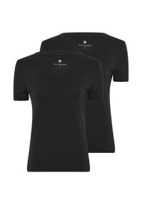Sorte V-hals T-shirts, med korte ærmer, lavet af blødt bomuldsblandingsstof; to skjorter synlige, med et klassisk og enkelt design.