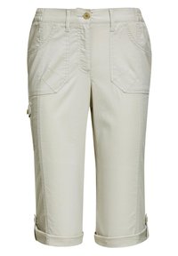Beige cropped broeken van een katoenmix. Voorzien van een knoopsluiting, meerdere zakken en opgerolde mouwen. Zachte textuur met versterkte naden.