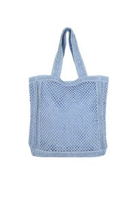 Borsa a rete blu intrecciata con un design a trama testurizzata, due manici resistenti e un ampio interno. Il materiale è leggero e flessibile.