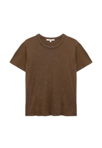 Brun bomulds T-shirt med rund halsudskæring, korte ærmer og en blød, tekstureret overflade. Ingen mønstre; enkelt, klassisk design.