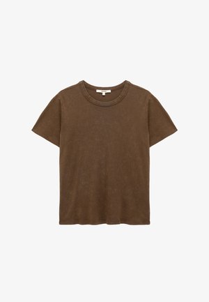 Bruine katoenen T-shirt met een ronde hals, korte mouwen en een zachte, gestructureerde afwerking. Geen patronen; eenvoudig, klassiek ontwerp.