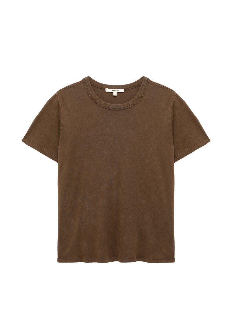 Brun bomulds T-shirt med rund halsudskæring, korte ærmer og en blød, tekstureret overflade. Ingen mønstre; enkelt, klassisk design.
