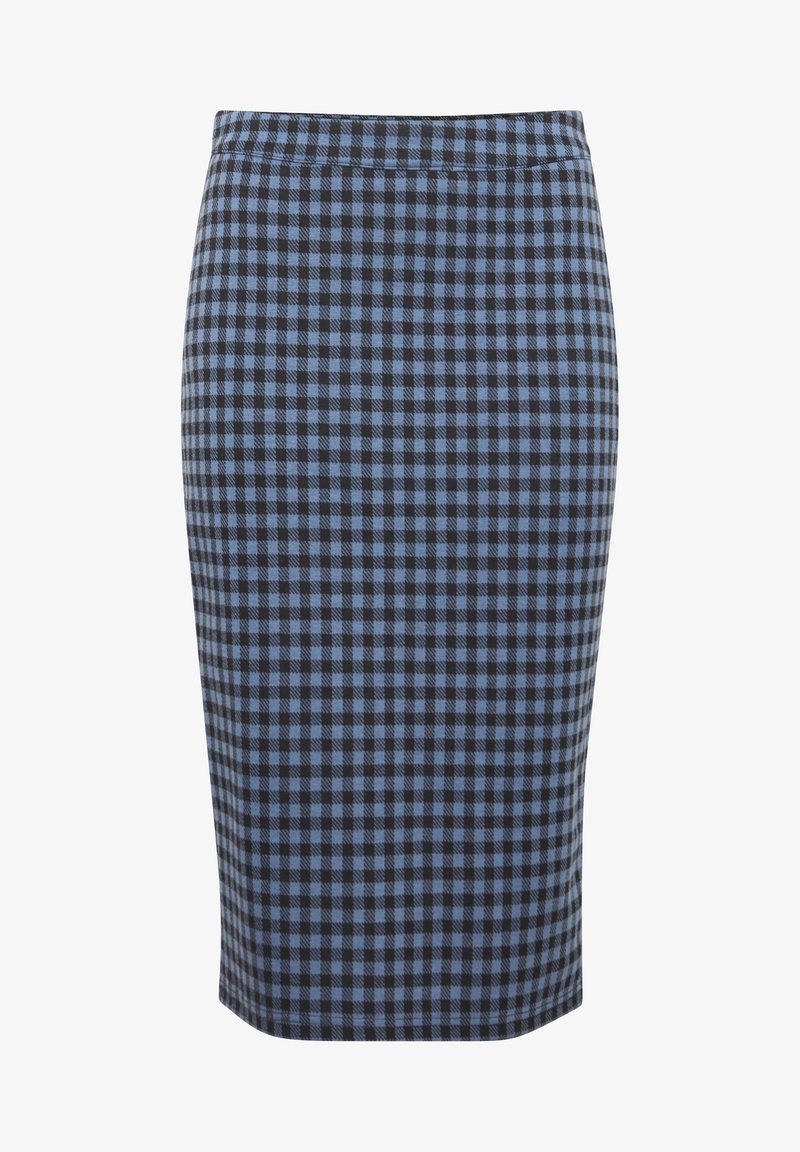 Jupe crayon à carreaux bleus et noirs avec une taille haute ajustée et un ourlet longueur genou.