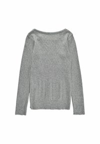 Grau gestrickter Pullover mit langen Ärmeln, der ein strukturiertes Muster im oberen Bereich und einen gerippten Saum am unteren Ende aufweist. Weiches Material.