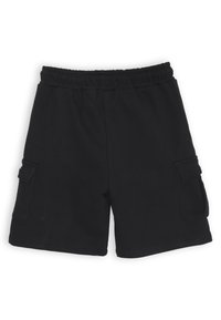 Pantaloni corti neri in cotone con vita elasticizzata. Presentano due tasche cargo laterali. Tessuto morbido, lunghezza al ginocchio e design semplice.