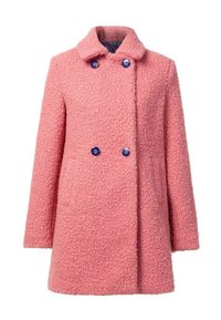 Roze gestructureerde jas met een kraag, dubbele knopen en blauwe decoratieve knopen. Gekenmerkt door een zachte, pluizige stof.