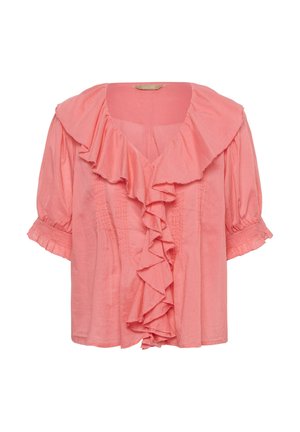 Rosa Bluse mit kurzen Puffärmeln, gerafften Bündchen und fallenden Rüschendetails entlang eines V-Ausschnitts und vorne.