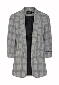 Černobílý kostkovaný blazer se strukturovaným designem, otevřeným předním dílem a ohrnutými rukávy. Luxusní textura s hladkou podšívkou.