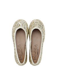 Bailarinas doradas con purpurina, punta redondeada y ribete elástico blanco. Forro interior suave, diseño artesanal. Lentejuelas distribuidas de manera uniforme.