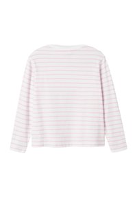 Langärmeliges Shirt mit weißem Grund und feinen rosa horizontalen Streifen. Aus weichem Baumwollmaterial mit Rundhalsausschnitt und lockerem Schnitt.