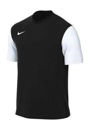 Black athletic shirt with short white sleeves, featuring a textured design and v-neck. Nike logo in white on the chest.