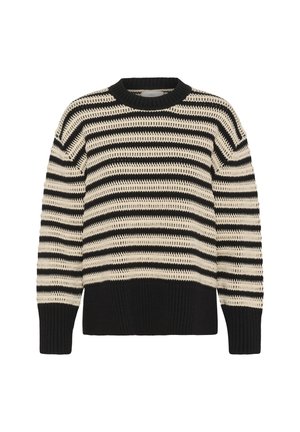 Melns un bēšs svītrains adīts džemperis ar garām piedurknēm, ribotām aprocēm un apakšmalu, kā arī apaļu kakla izgriezumu.