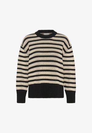 Melns un bēšs svītrains adīts džemperis ar garām piedurknēm, ribotām aprocēm un apakšmalu, kā arī apaļu kakla izgriezumu.