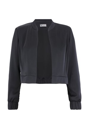 Kurze schwarze Jacke aus glattem Stoff mit rundem Kragen, elastischen Bündchen und einem einfachen offenen Design. Keine sichtbaren Verschlüsse oder Taschen.