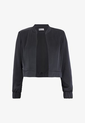 Kort sort jakke i glat stof med rund krave, elastiske manchetter og et enkelt åbent frontdesign. Ingen lukninger eller lommer er synlige.