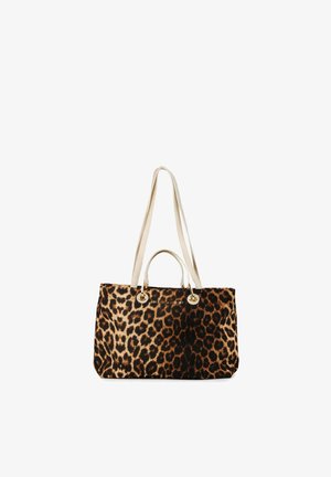 Borsa a tote con stampa leopardata in tessuto nero e beige, manici in pelle beige, dettagli in oro e una forma rettangolare spaziosa.