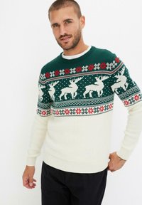 Maglione lavorato a maglia verde con base bianca, caratterizzato da un motivo di renna e fiocchi di neve in rosso, verde e bianco. Collo rotondo e polsini a costina.