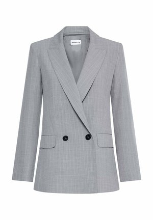 Grijze dubbelgeknoopte blazer met krijtstrepen, met inkeping revers, twee zwarte knopen en voorzakken met klep, gelabeld Marella.