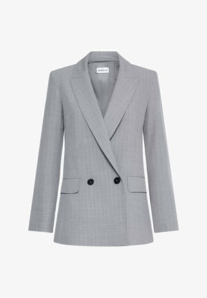 Veste croisée grise à fines rayures avec revers crantés, deux boutons noirs et poches avant à rabat, étiquetée Marella.