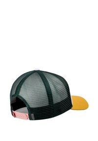 Groene mesh pet met een gele voorkant en een roze verstelbare band. De klep is gebogen, met een witte accent aan de achterkant.