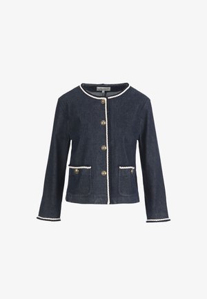 Temno modra jeans jakna z belo pleteno obrobo, okrogel izrez, zlati gumbi spredaj in dvema sprednjima žepoma z gumbi.