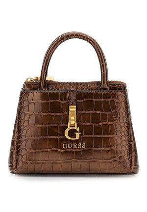 Brown crocodile-embossed handbag with a structured shape, dual top handles, gold-tone hardware, and a logo accent on the front.