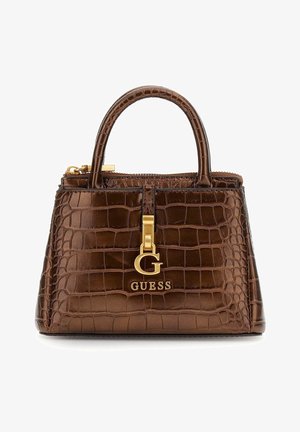 Bruine handtas van krokodillenleer met een gestructureerde vorm, dubbele bovenhandvaten, gouden hardware en een logo-accent aan de voorkant.