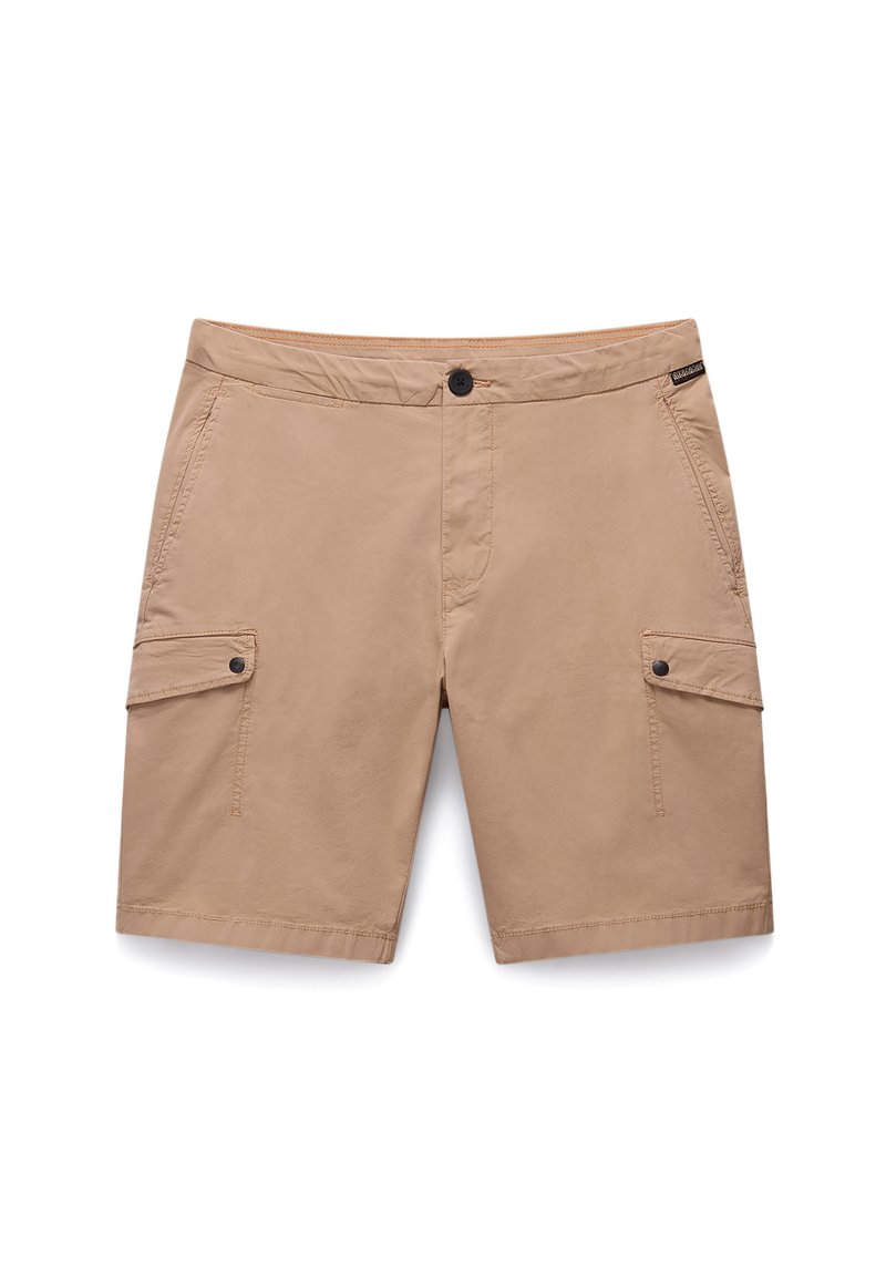 Beige cargo shorts lavet af letvægtsstof, med knaplukning, sidelommer og en glat overflade. Ingen synlige mønstre eller accenter.