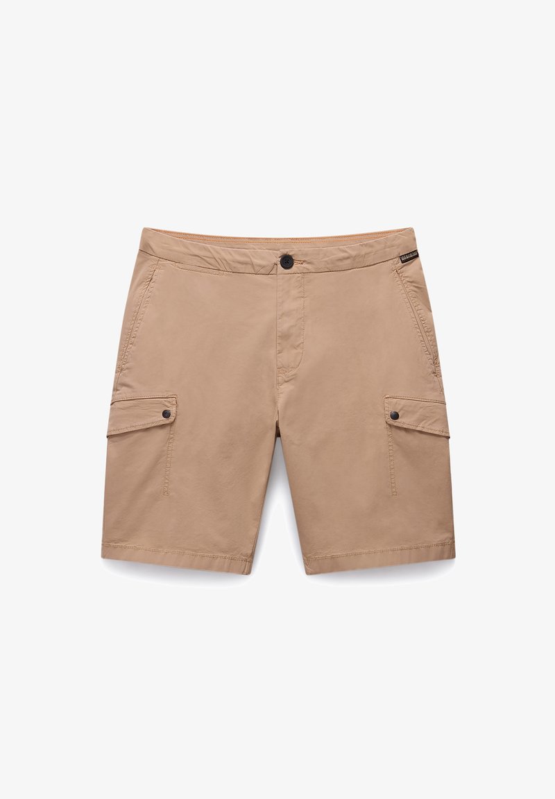 Beige cargoshorts gemaakt van lichtgewicht stof, met een knoopsluiting, zijzakken en een gladde textuur. Geen zichtbare patronen of accenten.