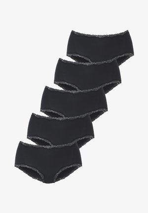 Schwarze Baumwollslips mit Spitzenbesatz am Bund, in einem Stapel von fünf präsentiert. Glatte Oberfläche, leichtes Design und vollständige Abdeckung.