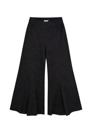 Pantalones cortos negros de pierna ancha con cintura elástica y detalles sutiles en los paneles del dobladillo.