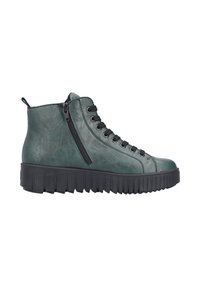 Baskets montantes en cuir vert foncé avec une finition texturée. Équipées de lacets noirs, d'une fermeture éclair sur le côté et d'une épaisse semelle noire nervurée.