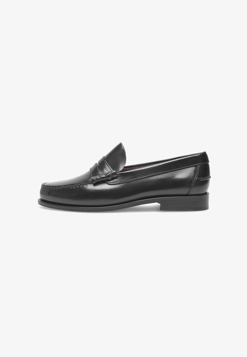 Black leather loafers with a rounded toe, stitched detailing, and a small accent strap. Flat sole with a slight heel. Smooth texture.