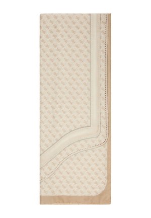 Coperta beige a motivi con una texture liscia, caratterizzata da un sottile design geometrico, bordi arrotondati e bordi cream a contrasto con cuciture.