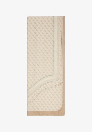 Manta de color beige con un patrón y textura suave, que presenta un sutil diseño geométrico, bordes redondeados y bordes contrastantes en color crema con costura.