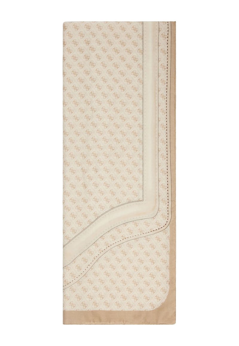 Coperta beige a motivi con una texture liscia, caratterizzata da un sottile design geometrico, bordi arrotondati e bordi cream a contrasto con cuciture.